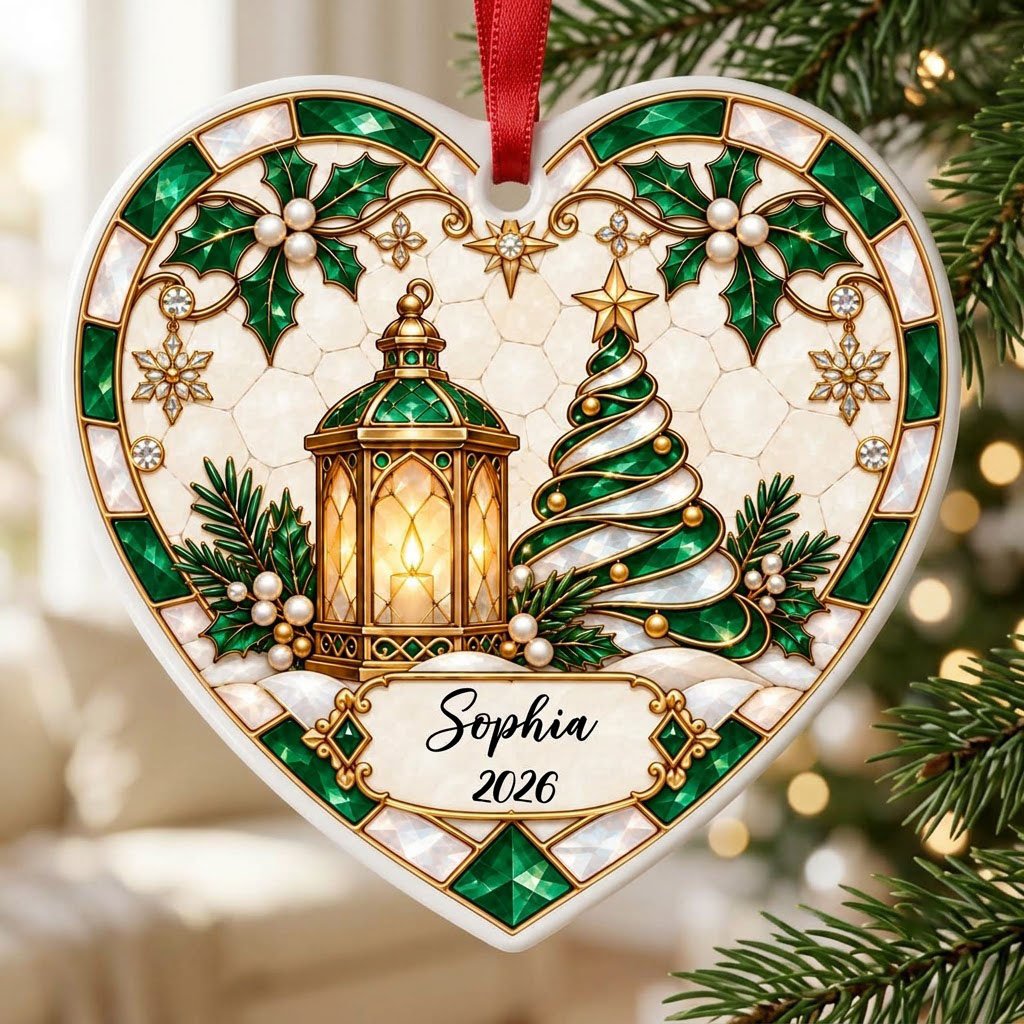 Heart ornament with emerald stained-glass border, gold lantern, spiral tree, holly, and a name-and-year scroll plaque.