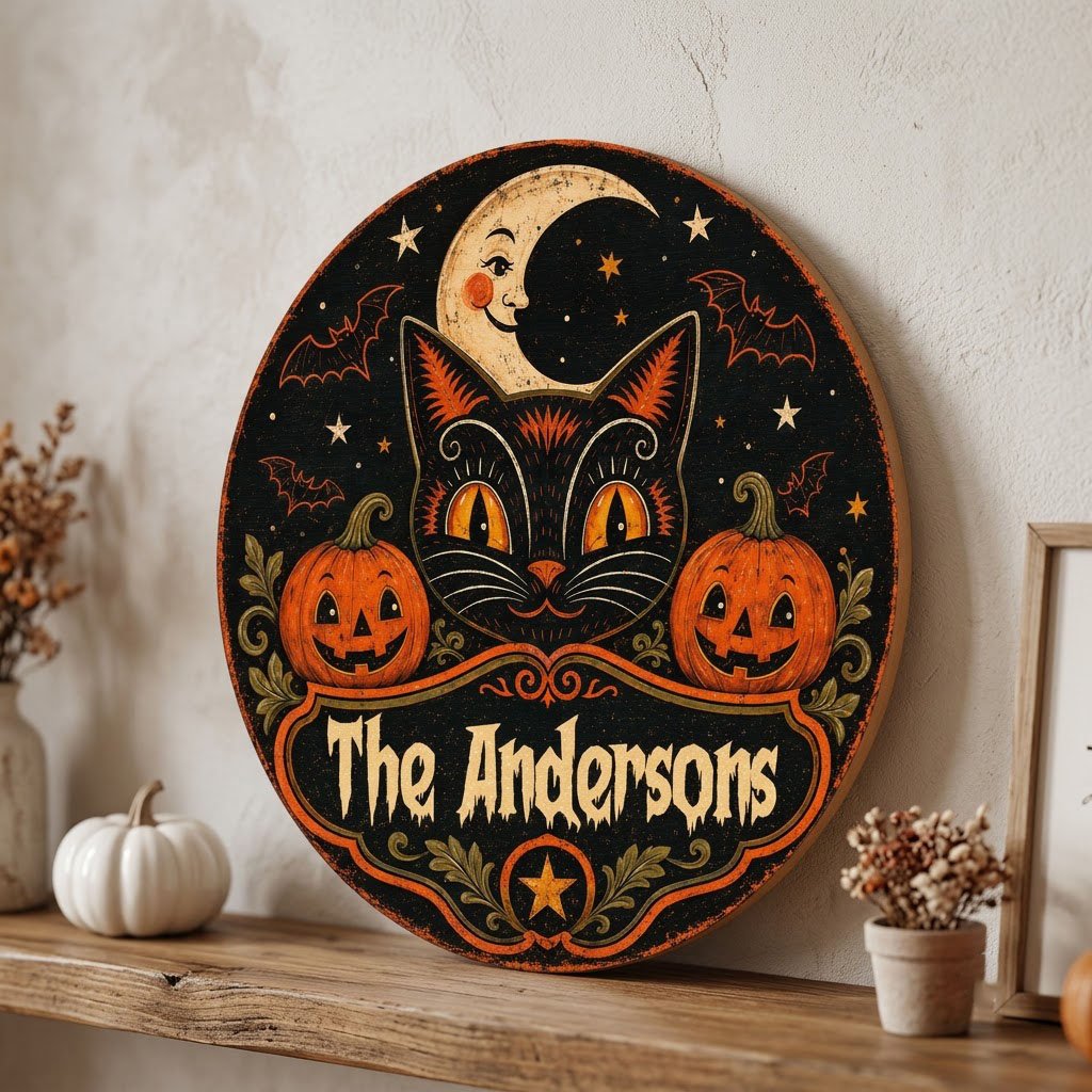 Round wooden sign with vintage black cat face, crescent moon, pumpkins, bats, stars and custom family name.