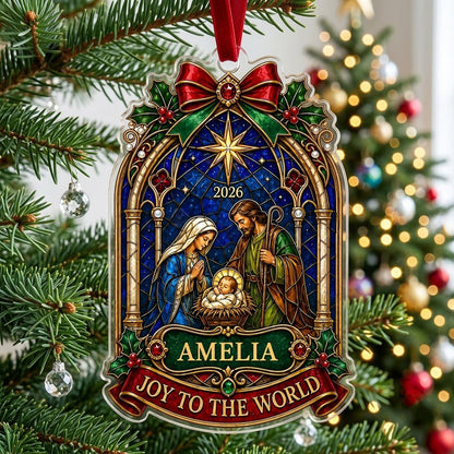 Personalized Stained Glass Nativity Scene Acrylic Ornament, Custom Holy Family Christmas Keepsake