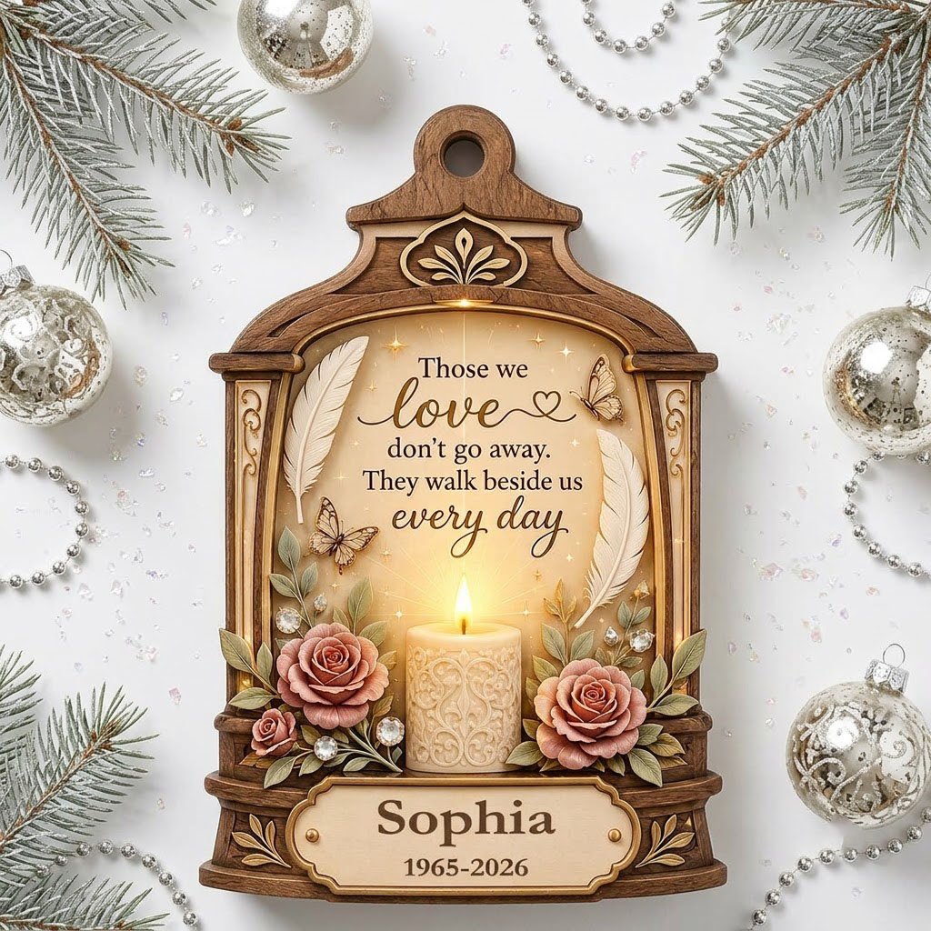 Arched wood-look ornament with lit white candle, two pink roses, butterflies, feathers, and a memorial quote.