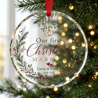 Personalized Our First Christmas Married Mistletoe Wreath Round Glass Ornament