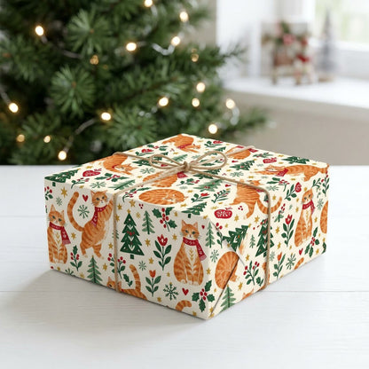Cream wrapping paper with ginger tabby cats in red scarves, pine trees, hearts, berries, stars, and snowflakes.