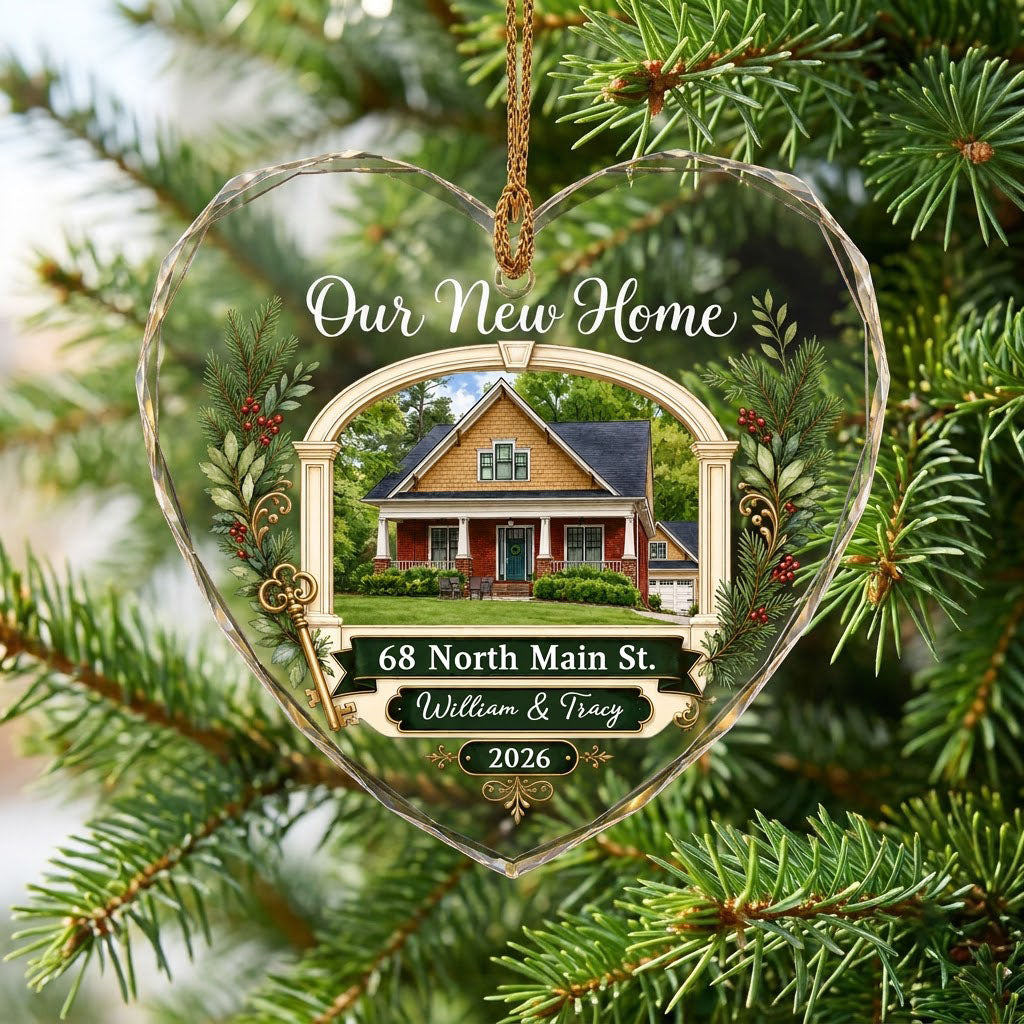 Heart glass ornament with archway, brick and yellow house, pine branches, gold key, and 'Our New Home' text.