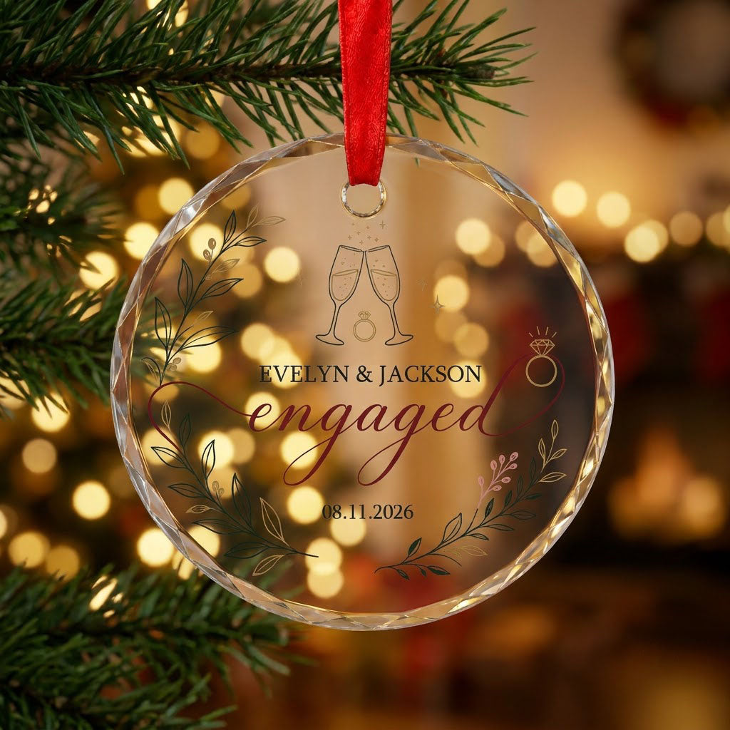 Round glass ornament with clinking champagne flutes, sparkles, ring and botanical foliage with burgundy ribbon and the w
