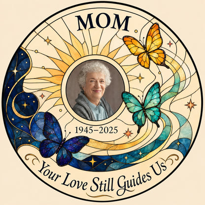 Round stained glass-style suncatcher with a photo frame, three butterflies, a crescent moon, sunburst rays and a banner 