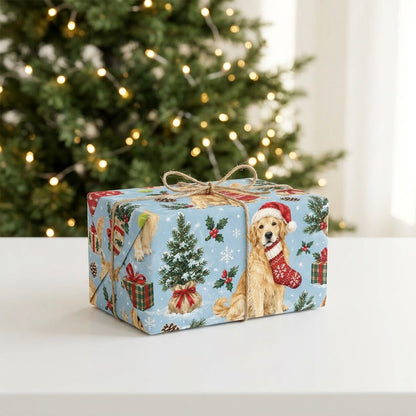 Light blue wrapping paper with Golden Retrievers in festive accessories, Christmas trees, gifts and snowflakes.