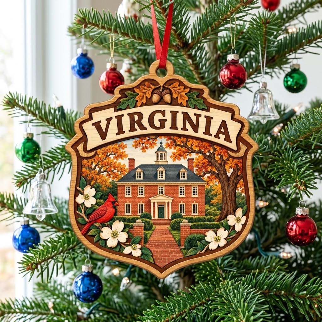 Shield-shaped wood ornament with “VIRGINIA,” colonial brick building, cardinal, acorns and white dogwood flowers.