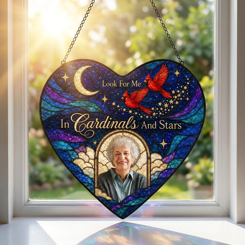 Heart-shaped stained glass suncatcher with night sky, moon, stars, two red cardinals, and a golden photo frame.