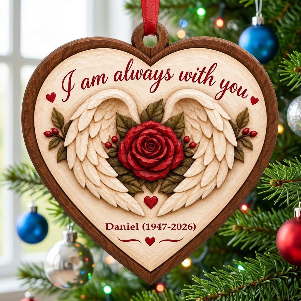 Heart-shaped wood ornament with angel wings around a red rose and the words 'I am always with you'.