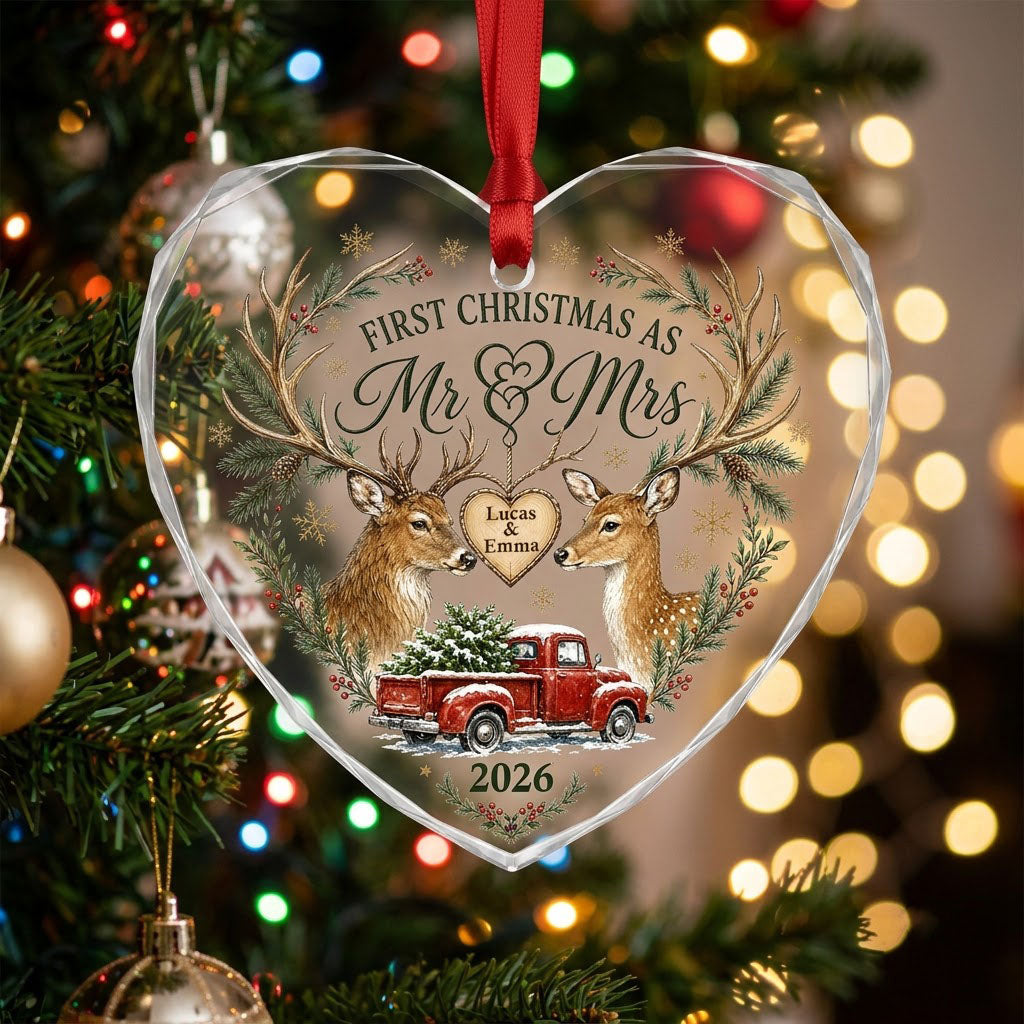 Personalized First Christmas as Mr & Mrs Deer Antlers Red Truck Heart Glass Ornament