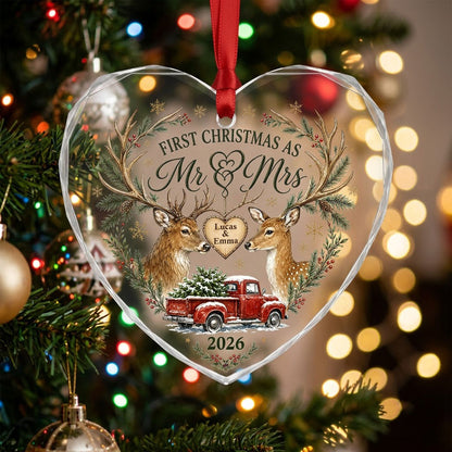 Personalized First Christmas as Mr & Mrs Deer Antlers Red Truck Heart Glass Ornament