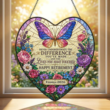 Personalized Butterfly Floral Never Underestimate The Difference Happy Retirement Heart Stained Glass Suncatcher