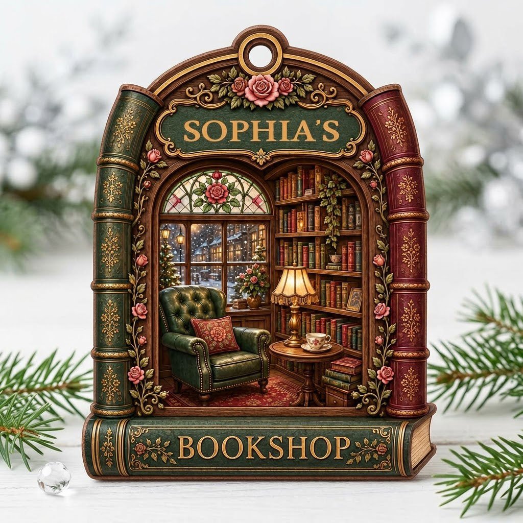 Arch-shaped wood ornament framed by book spines with BOOKSHOP and a cozy library scene with lamp and armchair.