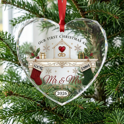 Personalized Our First Christmas as Mr & Mrs Fireplace Stockings Heart Glass Ornament