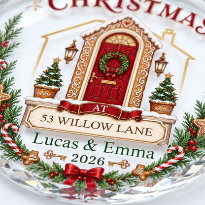 Personalized First Christmas at New Home Gingerbread Door Round Glass Ornament