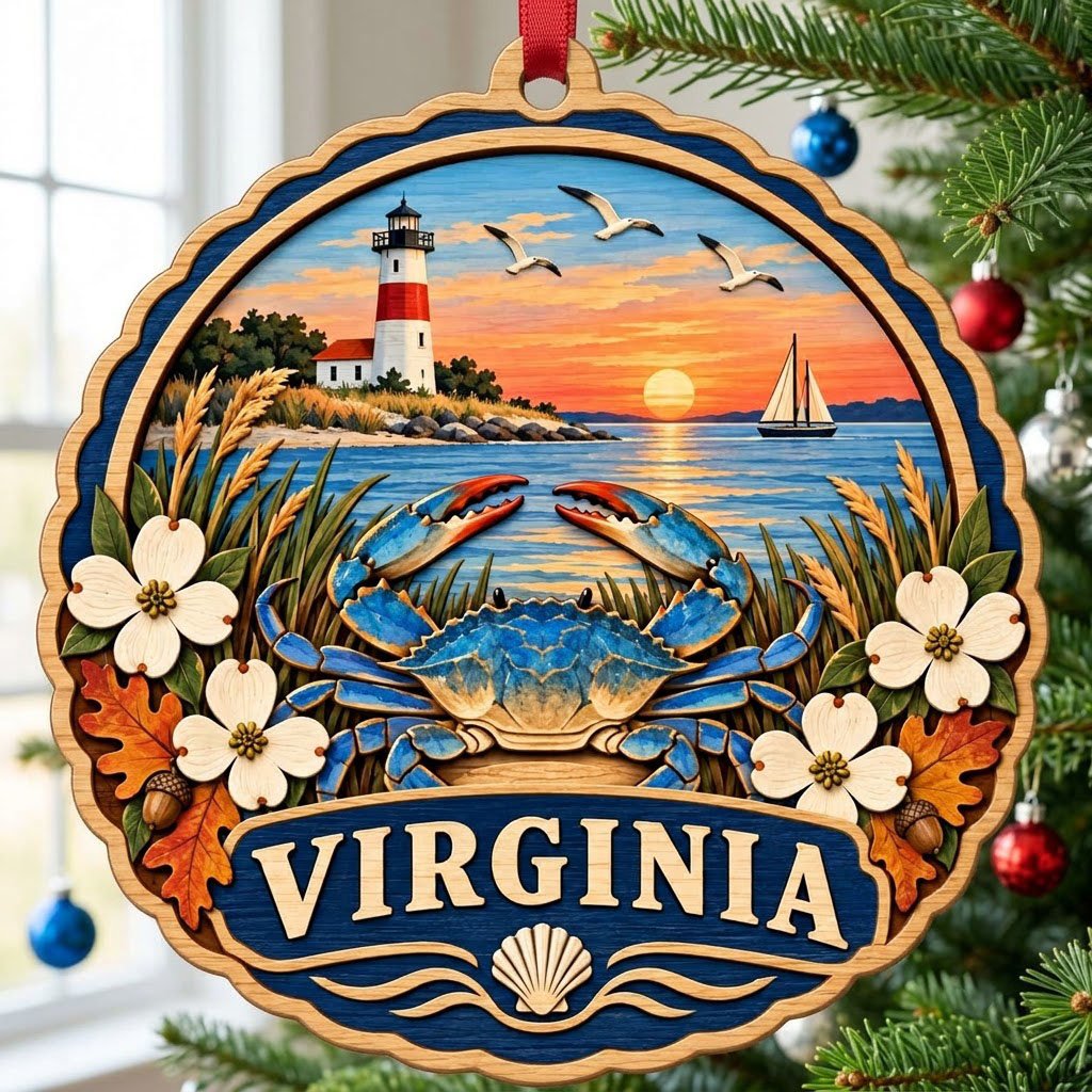 Scalloped wood ornament with blue crab, dogwood, lighthouse, sailboat, seagulls, and sunset over water with Virginia ban