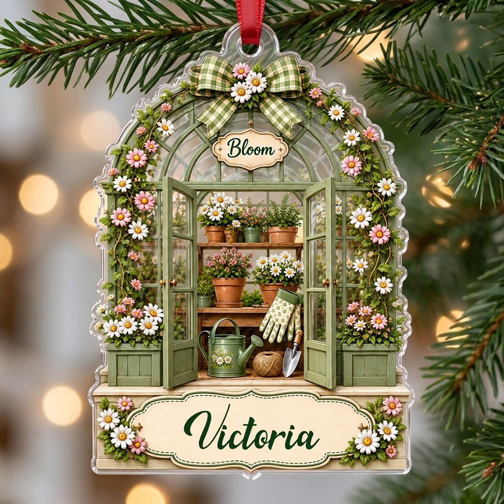 Arched acrylic ornament of a green greenhouse with daisy bow, flowers, tools, and 'Bloom' with a personalized name.