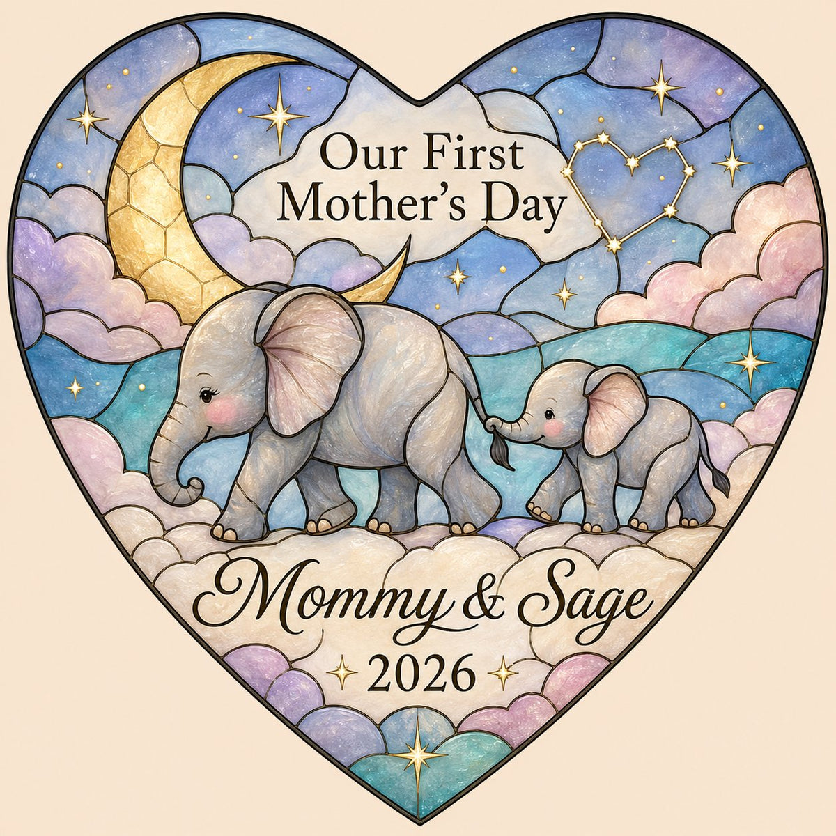Heart stained-glass suncatcher with mom and baby elephants, crescent moon, pastel clouds, and gold stars.