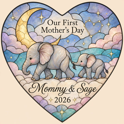 Heart stained-glass suncatcher with mom and baby elephants, crescent moon, pastel clouds, and gold stars.