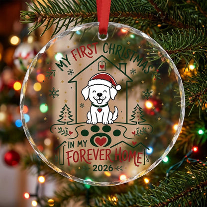 My First Christmas in My Forever Home Sitting Puppy Round Glass Ornament