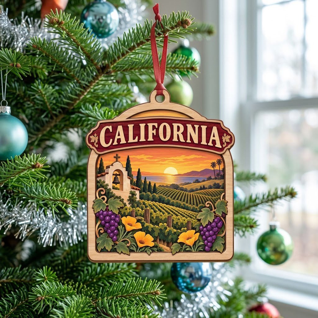 Wood ornament with red banner, California mission, vineyards, poppies, grapes, palms, mountains, and ocean sunset.