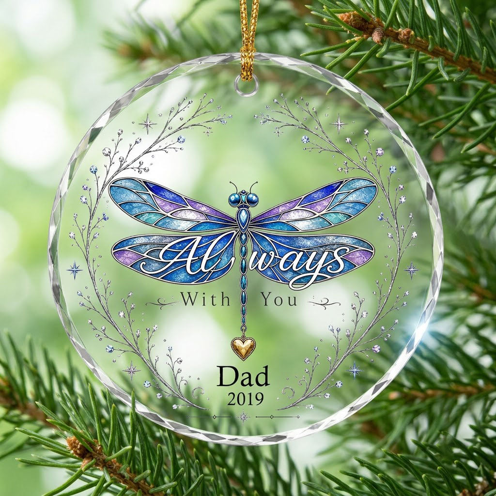 Personalized Dragonfly Memorial Always With You Heart Charm Round Glass Ornament