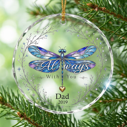 Personalized Dragonfly Memorial Always With You Heart Charm Round Glass Ornament