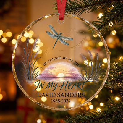 Personalized Dragonfly Memorial Sunset No Longer By My Side Round Glass Ornament