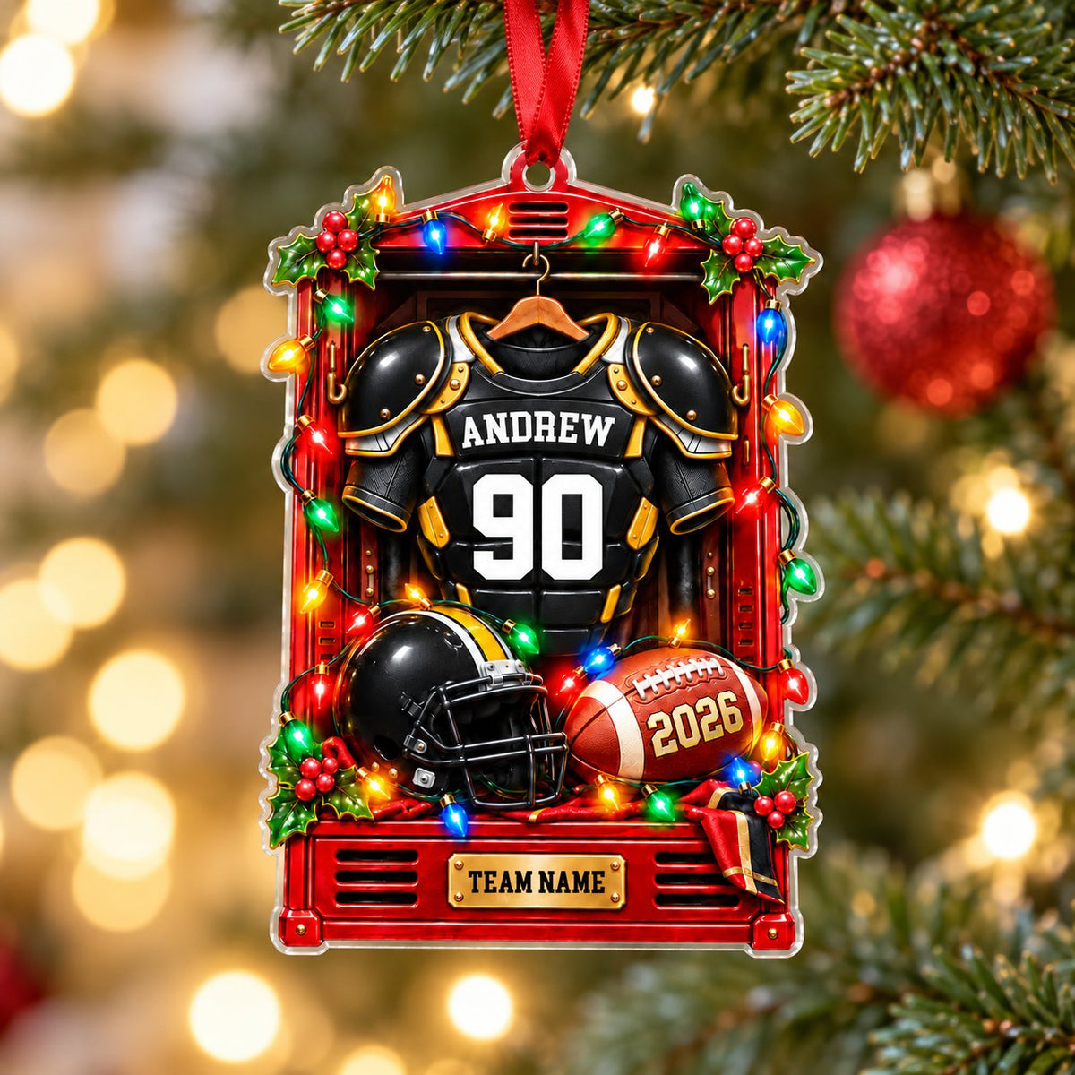 Acrylic ornament of a football locker with black-gold jersey, helmet and lights, personalized with name, number, year an