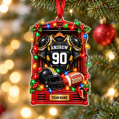 Acrylic ornament of a football locker with black-gold jersey, helmet and lights, personalized with name, number, year an