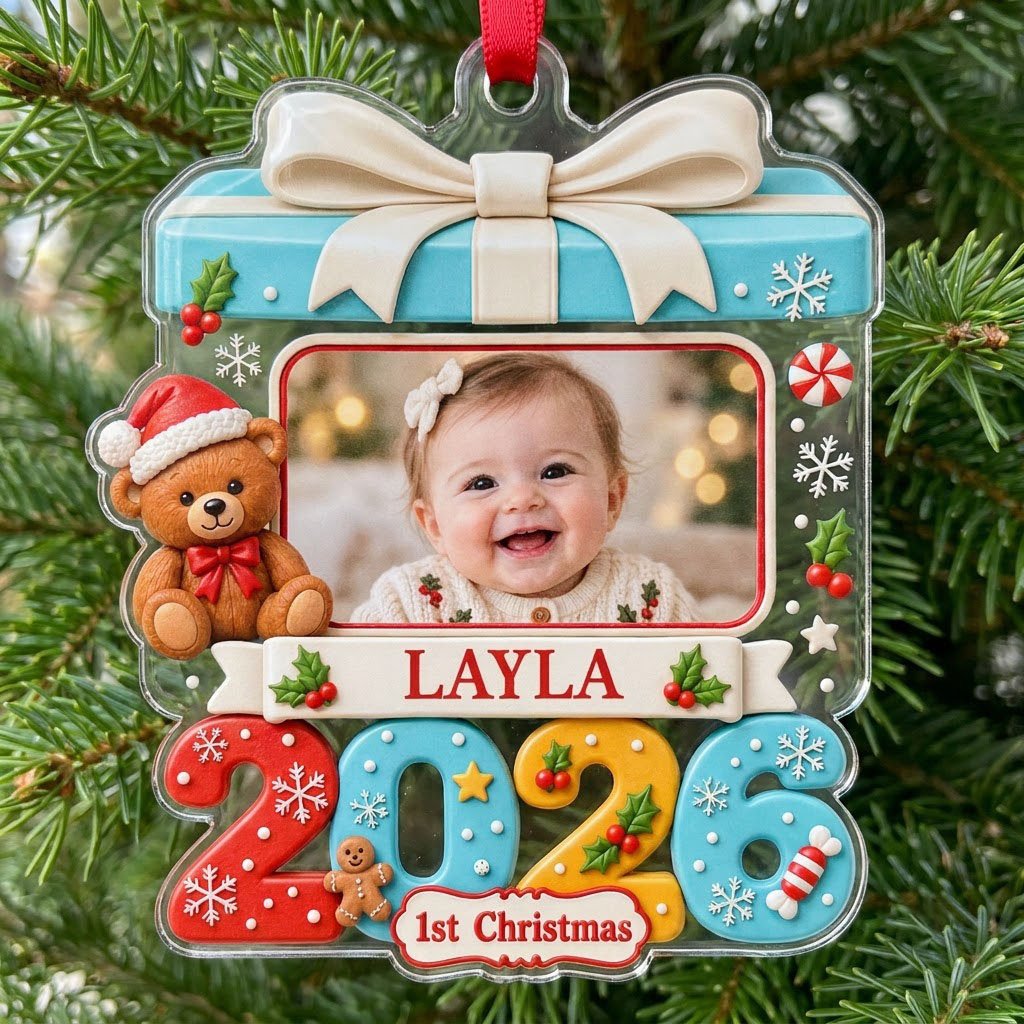 Light blue gift-box photo ornament with cream bow, teddy bear, red trim, and colorful 2026 base with 1st Christmas.