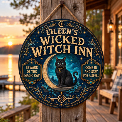 Personalized Wicked Witch Inn Wood Sign, Custom Name Halloween Black Cat Crescent Moon Wall Hanging Decor