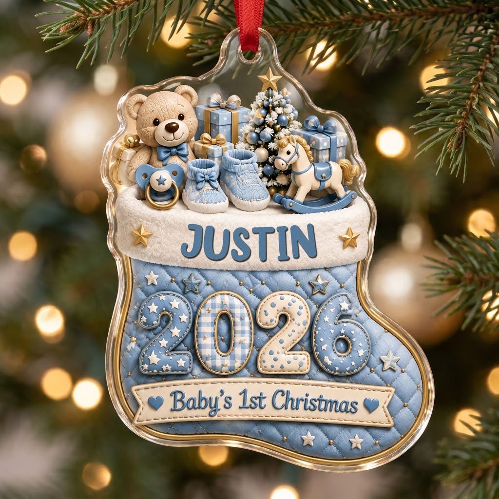 Blue quilted stocking ornament with teddy bear, baby toys, Baby's 1st Christmas text, and name and year.