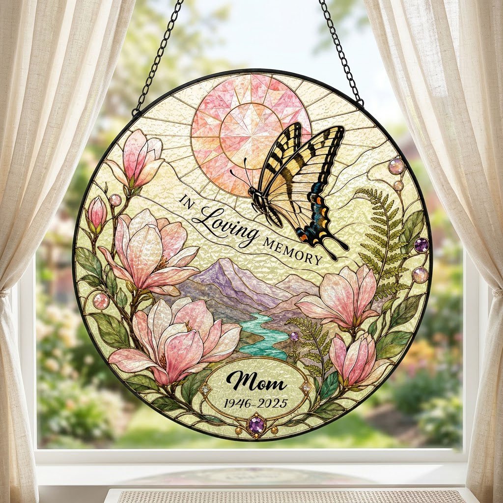 Personalized Butterfly Magnolia Sunset Landscape In Loving Memory Stained Glass Round Suncatcher