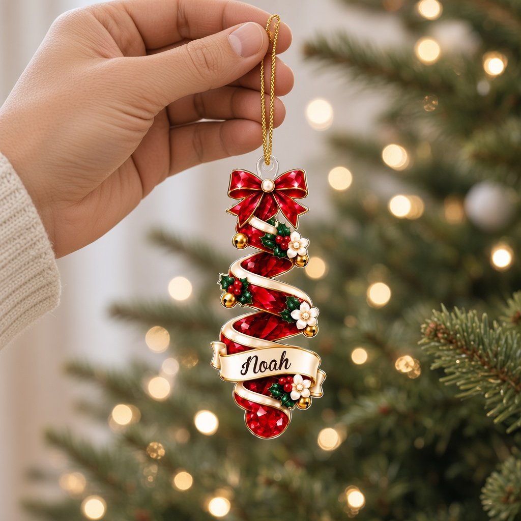 Acrylic ornament shaped around two green gem-style Christmas trees with holly, berries and names Oliver and Emma.