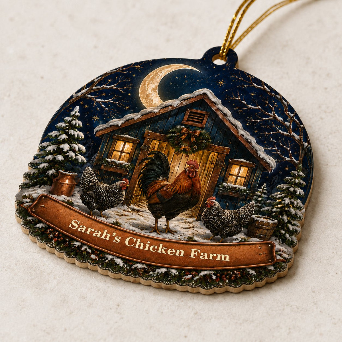 Personalized Moonlit Chicken Coop Wood Ornament, Custom Farmhouse Keepsake