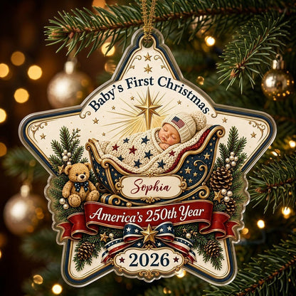 Personalized America 250th Baby's First Christmas Acrylic Ornament, Custom Patriotic Newborn Keepsake