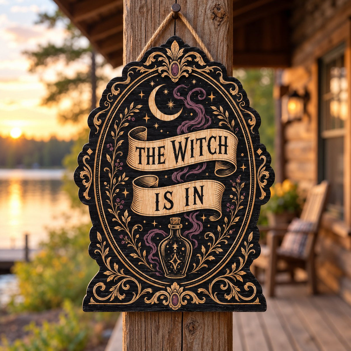 Gothic plaque sign reading "THE WITCH IS IN" with crescent moon, stars, purple smoke, potion bottle and ornate filigree 