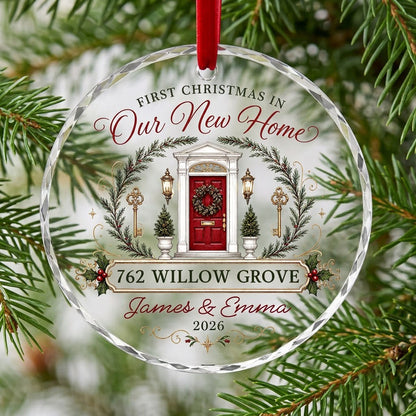 Personalized First Christmas in Our New Home Front Door Keys Round Glass Ornament