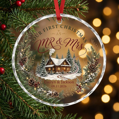 Personalized Our First Christmas as Mr & Mrs Winter Cabin Wreath Round Glass Ornament