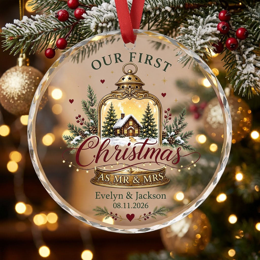 Round glass ornament with gold lantern, cozy cabin, pine branches, holly berries, and Our First Christmas as Mr & Mrs.