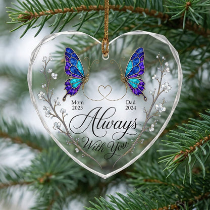 Heart-shaped glass ornament with stained-glass butterflies, gold dotted heart, and white-flower vines.