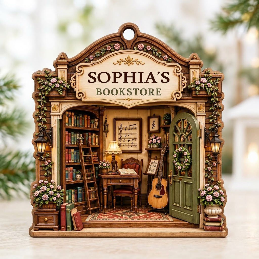 Arched storefront wood ornament with a cozy bookstore diorama and "BOOKSTORE" text, personalized with a name.