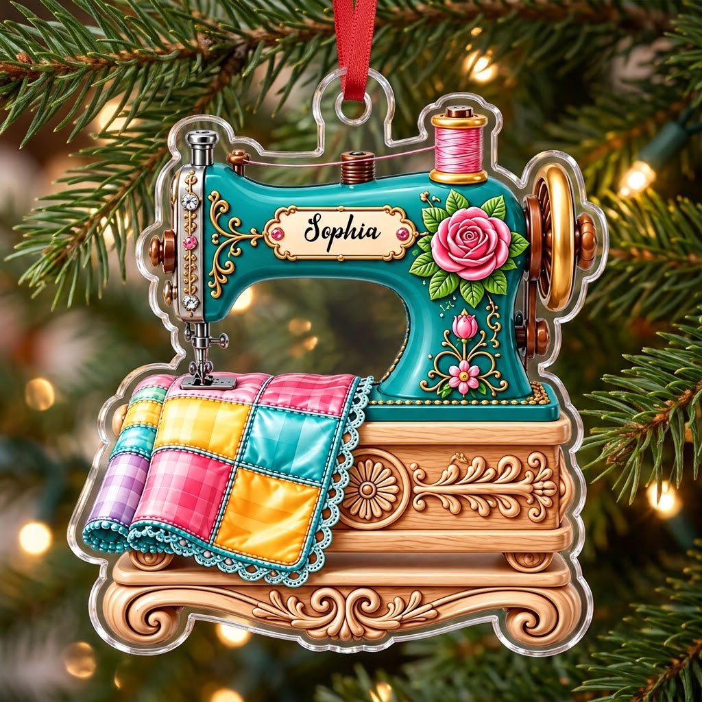 Custom-cut acrylic ornament of a teal vintage sewing machine with a rose and quilt block, personalized with a name.