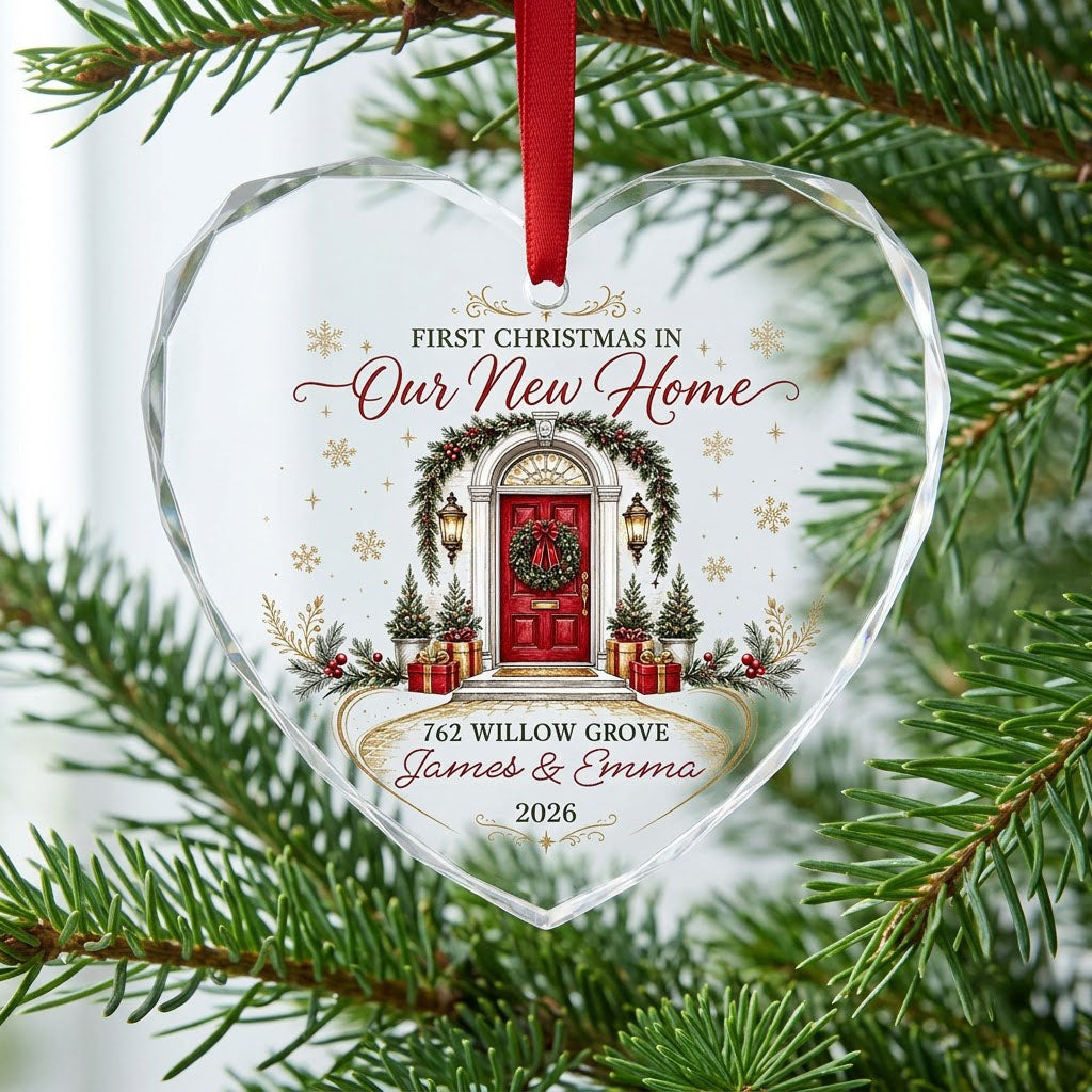 Heart-shaped glass ornament with a red front door, wreath, garland, lanterns, gift boxes, and gold snowflakes.