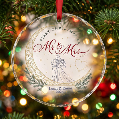 Personalized First Christmas as Mr & Mrs Crescent Moon Round Glass Ornament