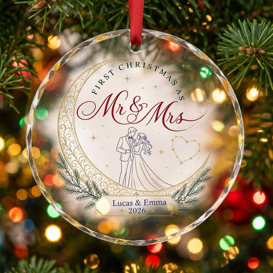 Personalized First Christmas as Mr & Mrs Crescent Moon Round Glass Ornament