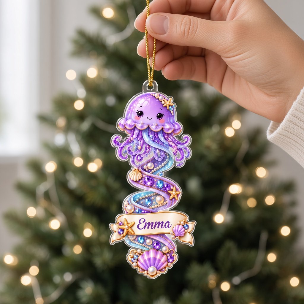 Clear acrylic ornament with a dolphin or seahorse, ocean banners, starfish, seashells and gemstones.