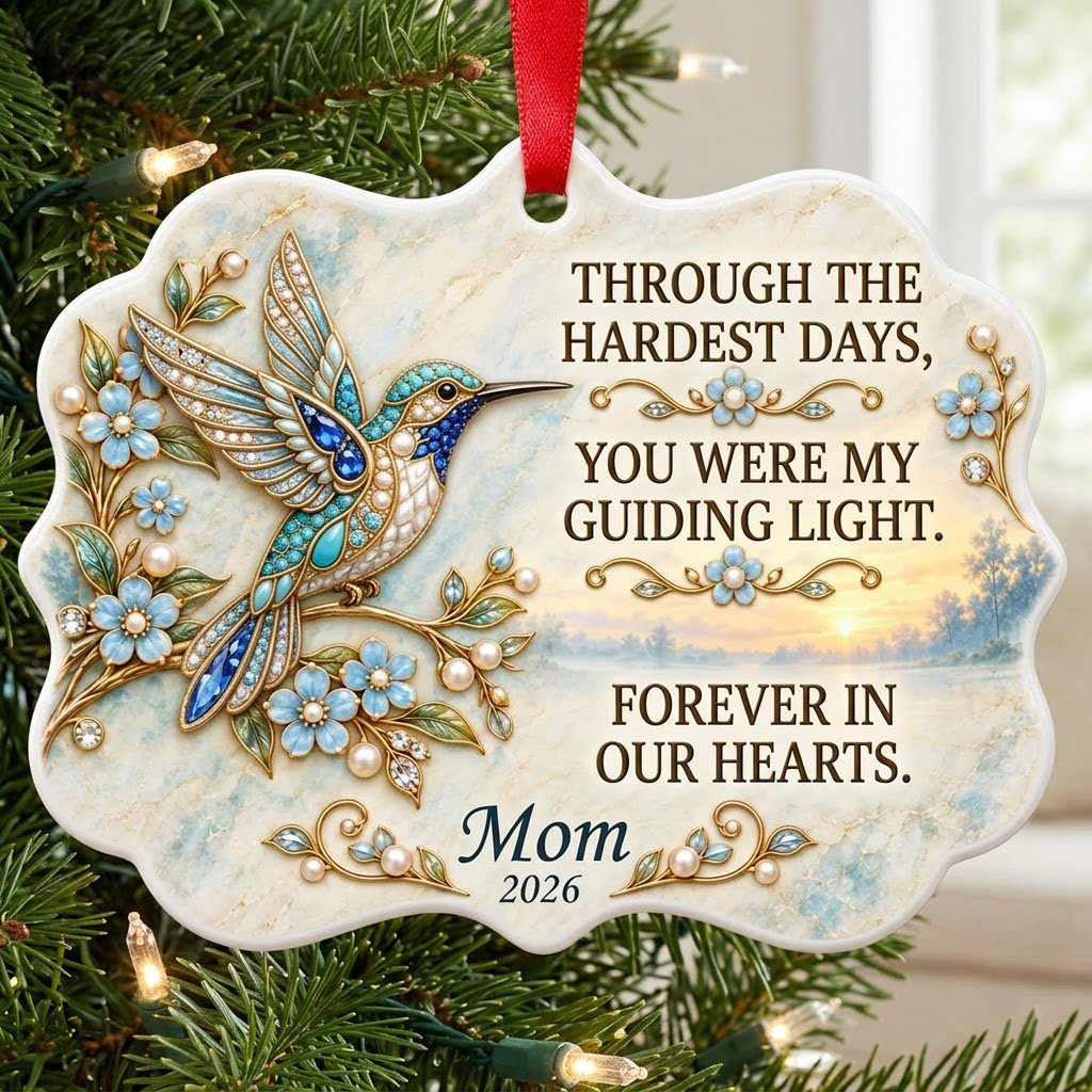 Ceramic medallion ornament with a jewel-encrusted blue bird, blue flowers, gold filigree, and a sunrise lake background.