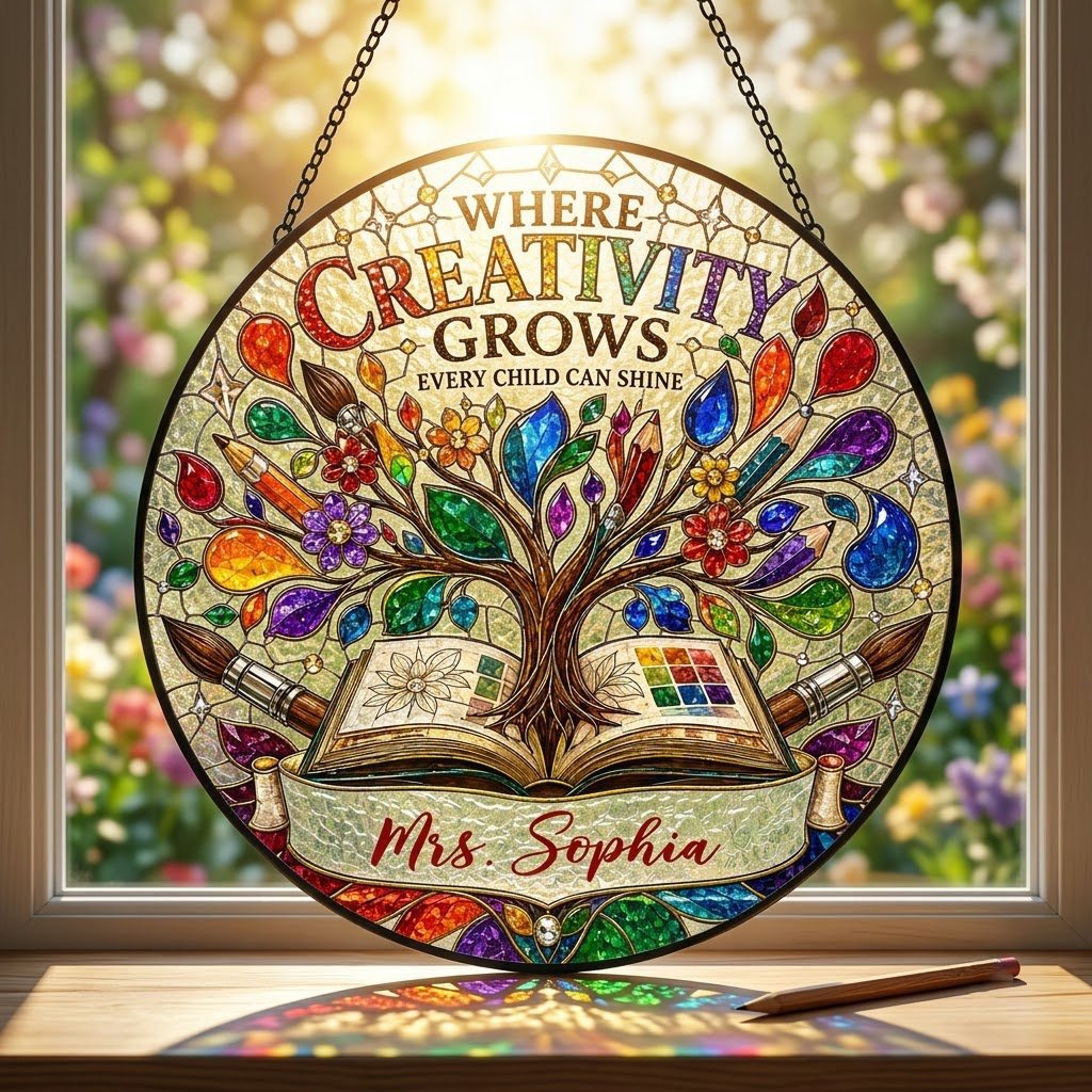 Round stained glass-style suncatcher with tree growing from an open book, paintbrushes, pencils, blossoms, and teacher n